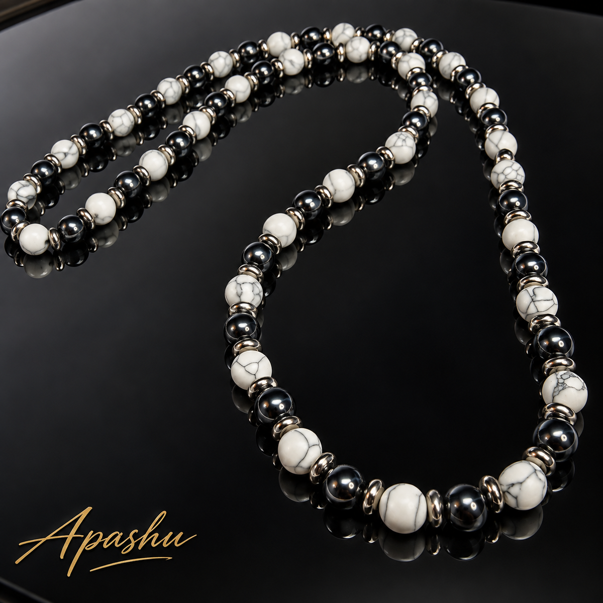 Men’s Howlite & Hematite Beaded Necklace – 8mm Natural Stone – 26 Inch