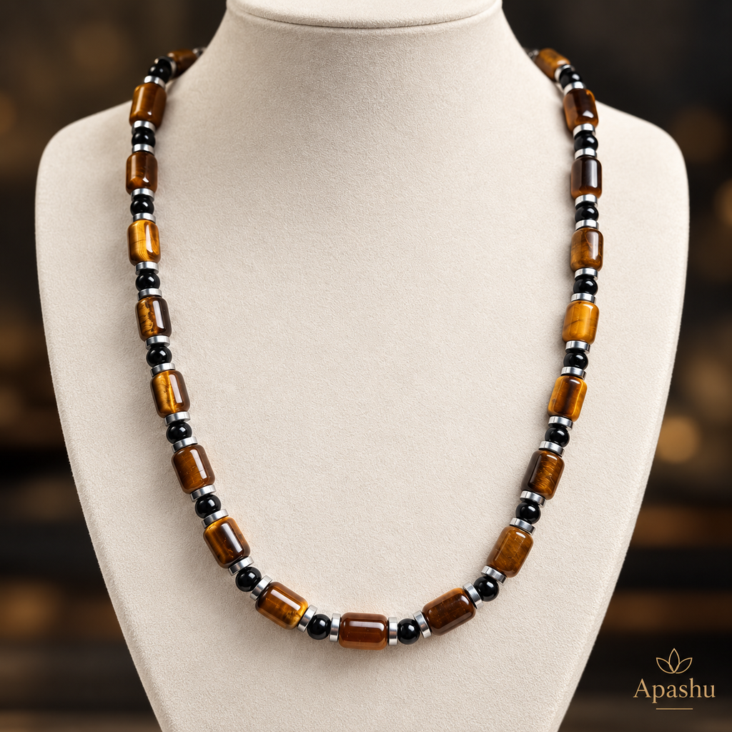 Men's Natural Tiger Eye, Black Onyx & Hematite Necklace – Handmade Luxury Gemstone Jewellery