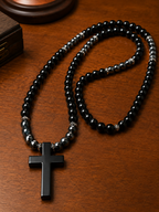 Black Cross Necklace – 26 inch/– 6mm Natural Stone Beads – Stainless Steel Clasp