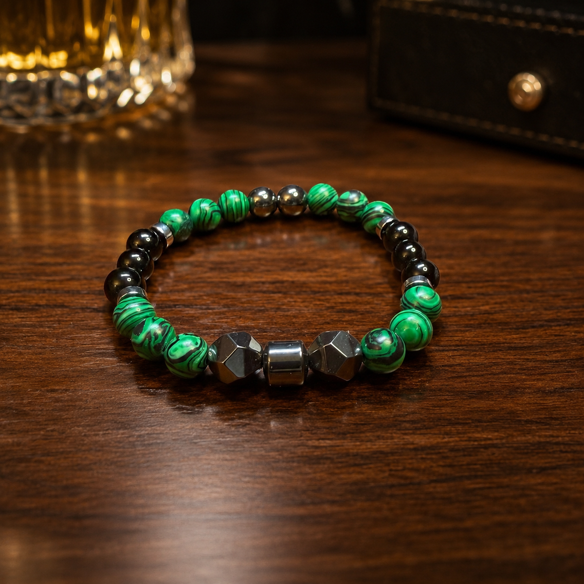 Women’s 8mm Green Malachite, Black Onyx & Hematite Bracelet – 17cm – Handmade – Any Size Available