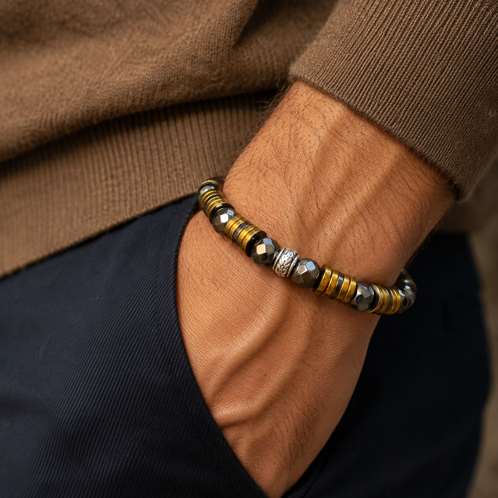 Luxury Men’s Faceted Hematite Bracelet with Gold-Tone Spacers – 8mm Beads, 19cm, Handmade in Any Size