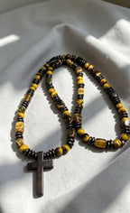 Tiger Eye Cross Necklace Mens Christian Gemstone Beaded Necklace 26 Inch