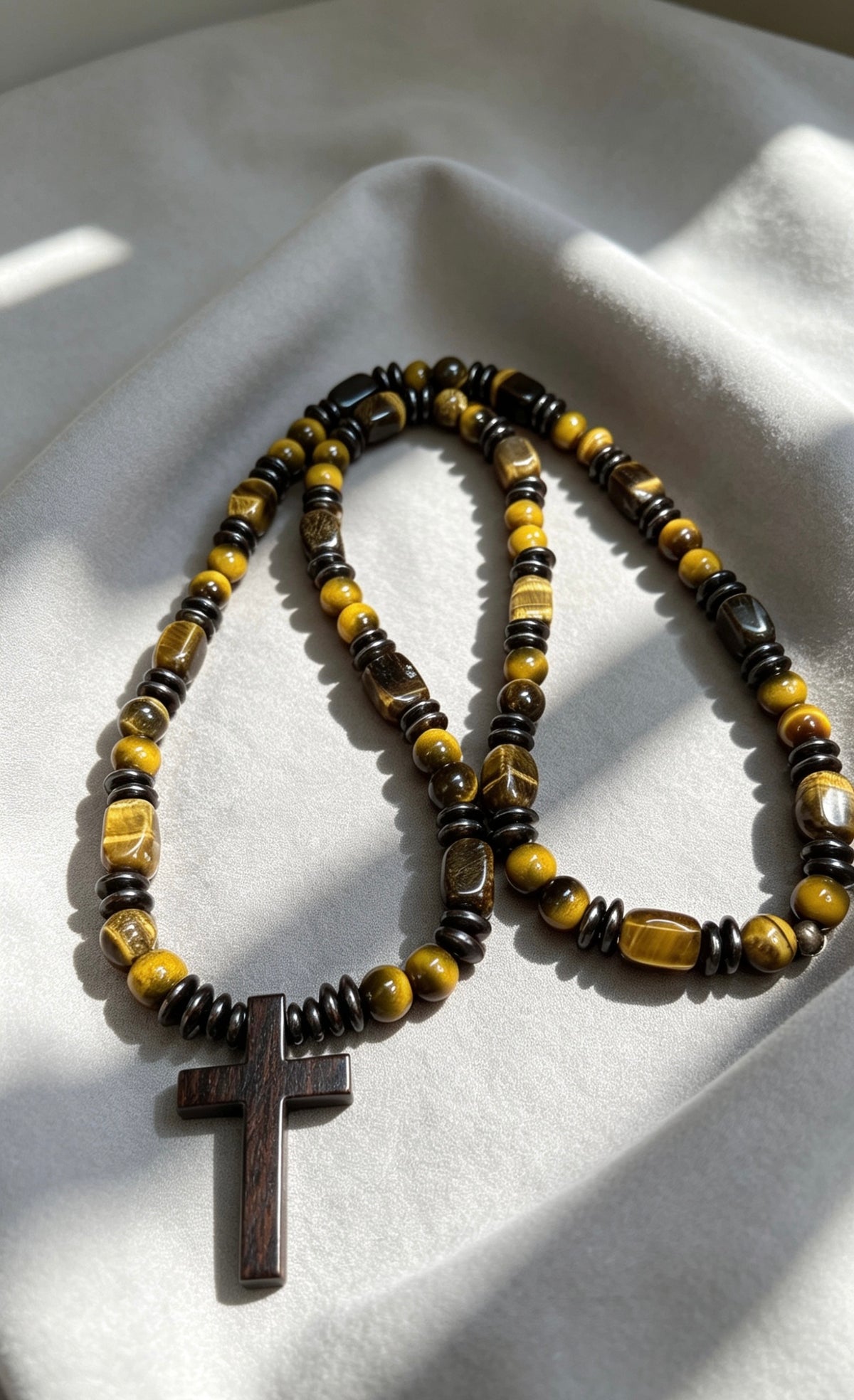 Tiger Eye Cross Necklace Mens Christian Gemstone Beaded Necklace 26 Inch