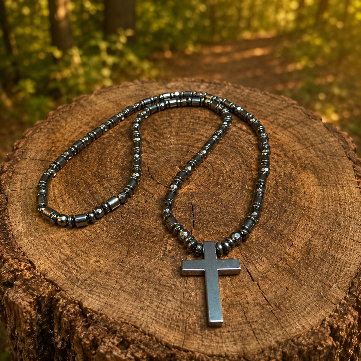 Black Hematite Cross Necklace – 26” Slip-On | 6 mm Natural Hematite Beads