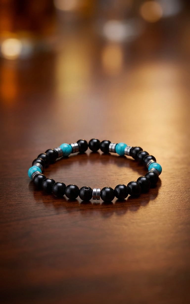 Black Onyx & Turquoise Men’s Bracelet 19cm – Natural Stone Beaded Bracelet – Any Size Available ✨