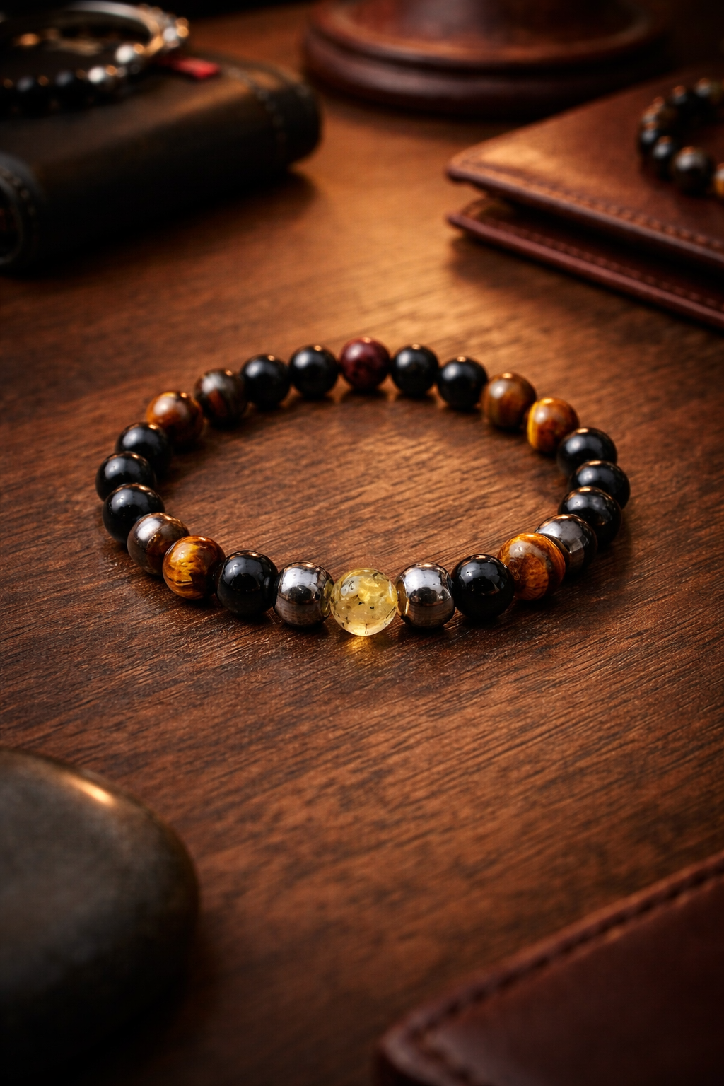 Luxury Men’s Natural Stone Bracelet – Black Onyx, Tiger Eye & Hematite