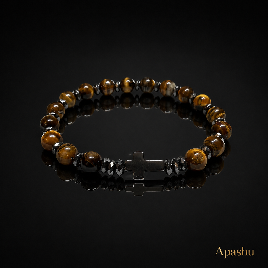 Natural Tiger Eye & Hematite Cross Bracelet – Handmade Luxury Stone Bracelet | Custom Size