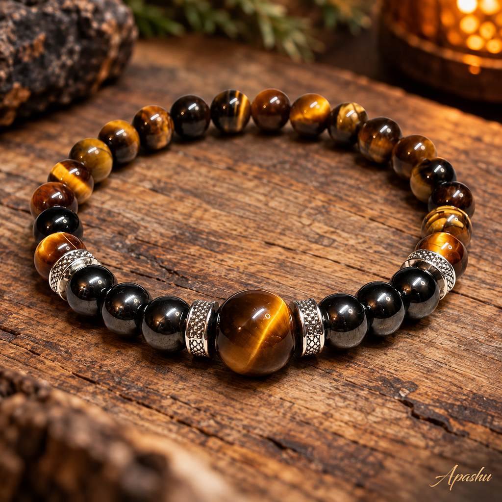 Unisex Tiger Eye & Hematite Bracelet – 12mm Centre Bead | Handmade Natural Stone Jewellery