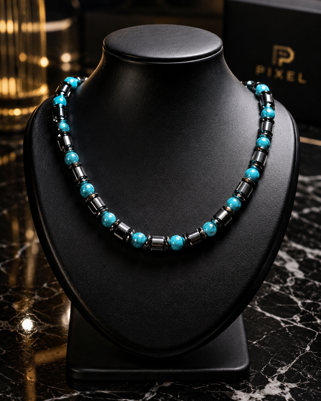 Men’s 6mm Turquoise and Hematite Choker Necklace, Handmade Gemstone Beaded Necklace, Minimalist Jewelry Gift for Him