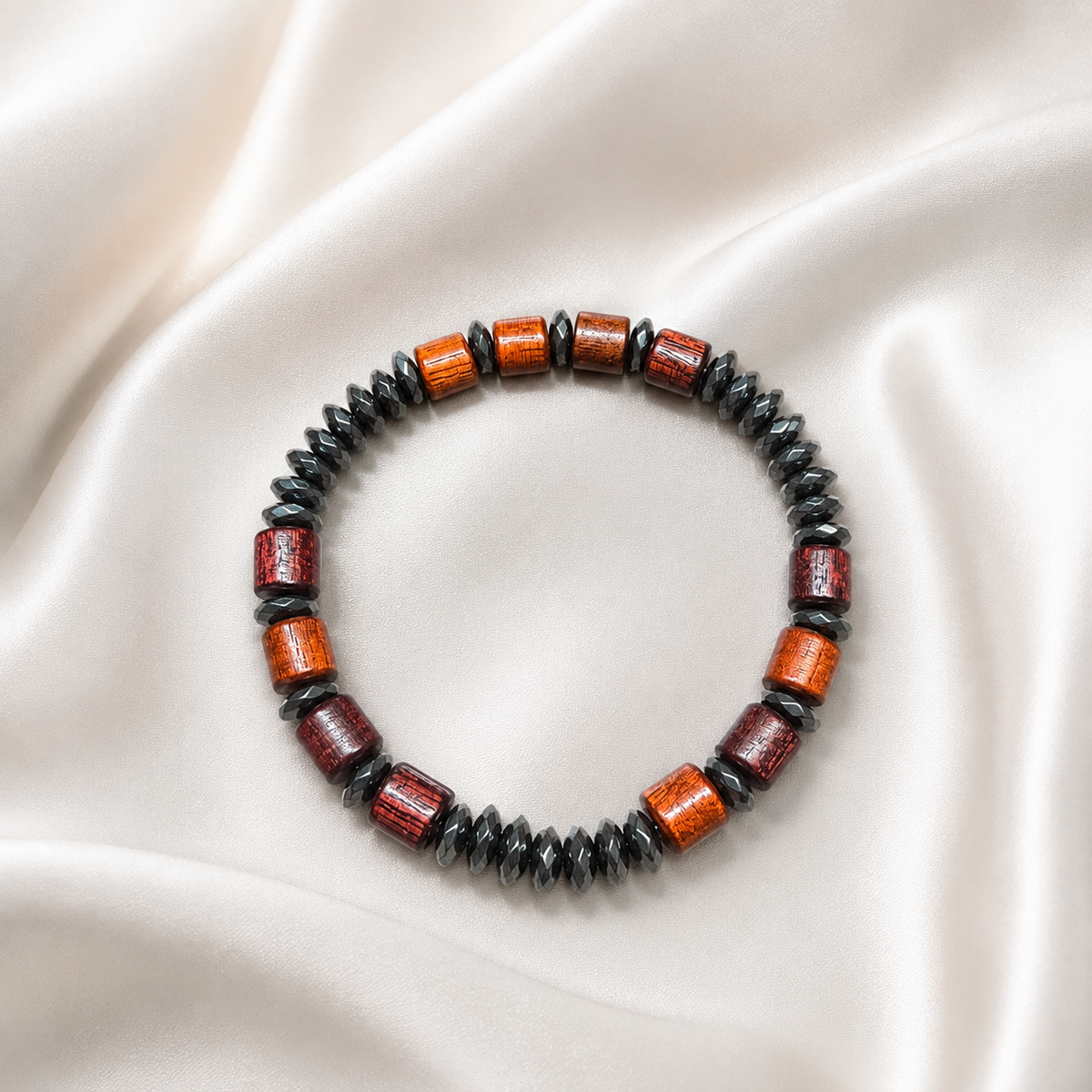 Handmade Wooden & Hematite Bracelet | 8 mm Beads | 19 cm Stretch Bracelet | Custom Size Available | Men’s & Women’s Bracelet