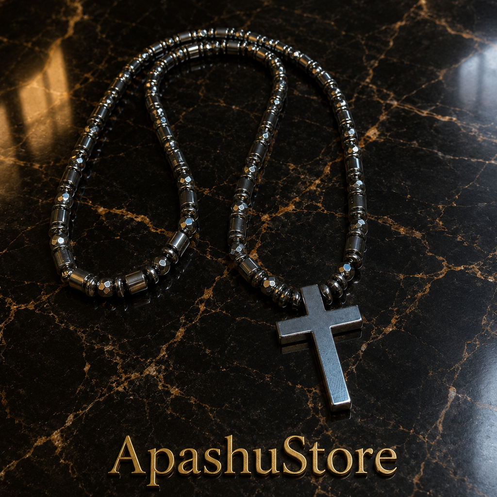 Black Hematite Cross Necklace – 26” Slip-On | 6 mm Natural Hematite Beads