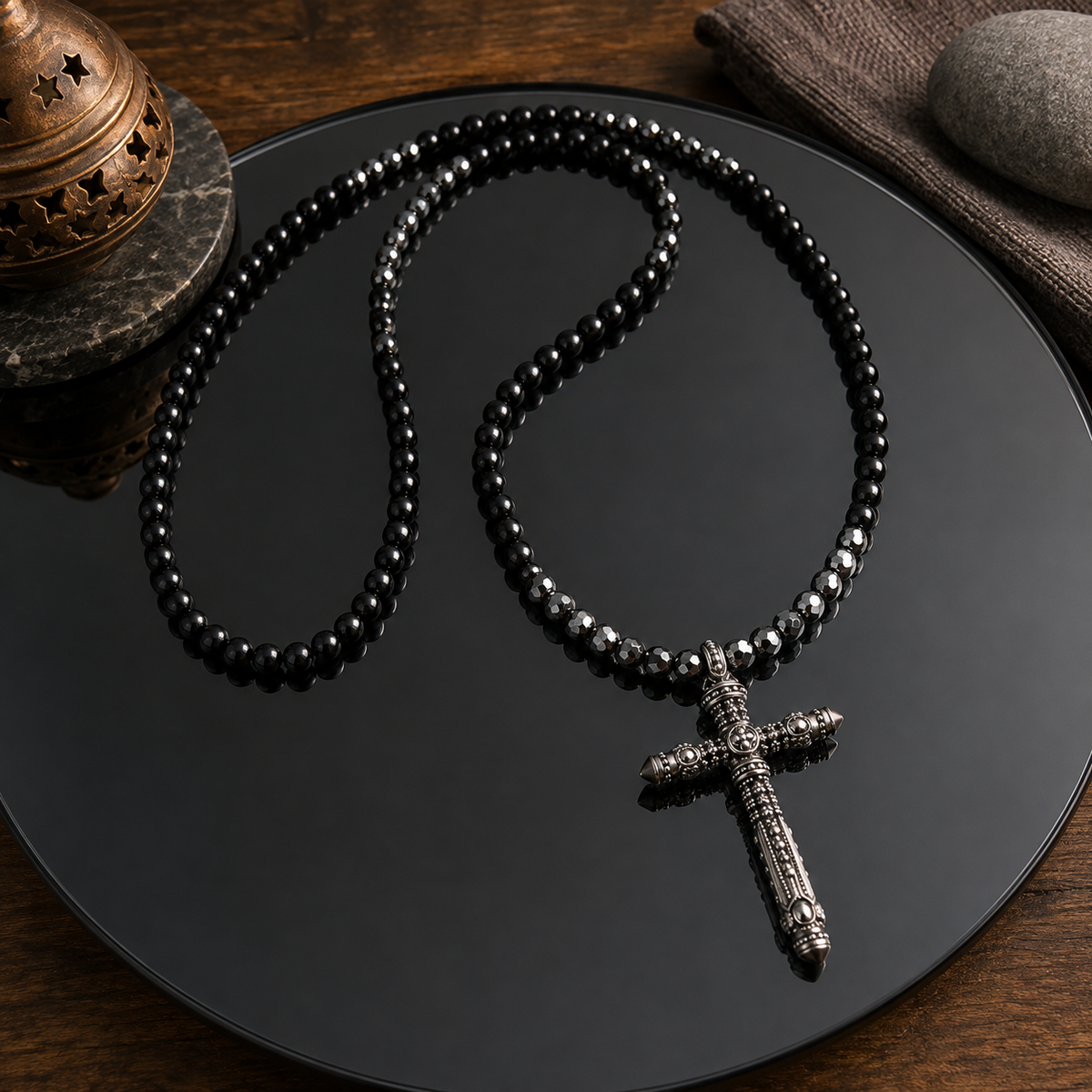 Men’s Black Onyx & Hematite Cross Necklace – 6mm Beads – Stainless Steel Cross – Custom Length