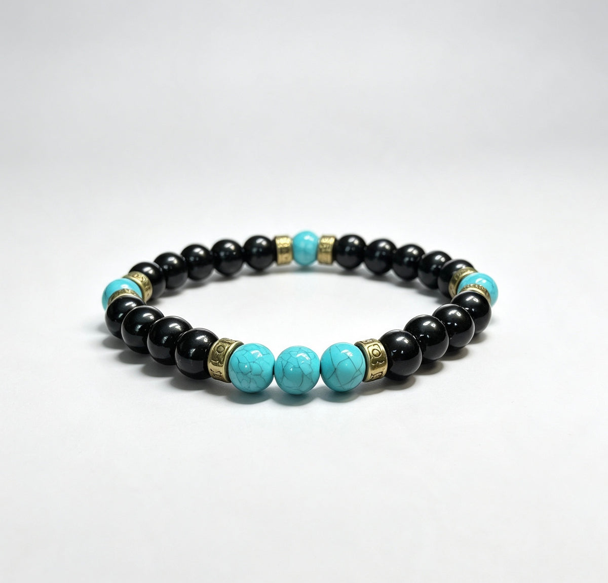 Handmade Black Onyx & Turquoise Bracelet, 8mm Gemstone Beaded Bracelet, Unisex Jewelry, Stretch Bracelet, Custom Size Gift for Men & Women