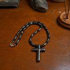 Black Onyx & Hematite Cross Necklace – 21 Inch Handmade Men’s Necklace – 6mm Natural Gemstone Beads – Christian Cross Pendant – Custom Sizes Available