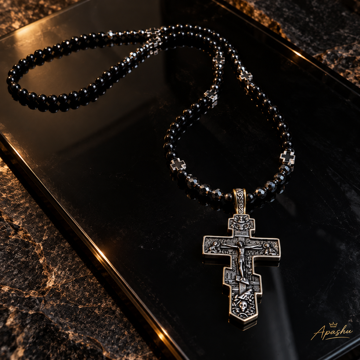 Men's Orthodox Cross Necklace – Natural Black Onyx & Hematite | Stainless Steel Crucifix | 26 Inch
