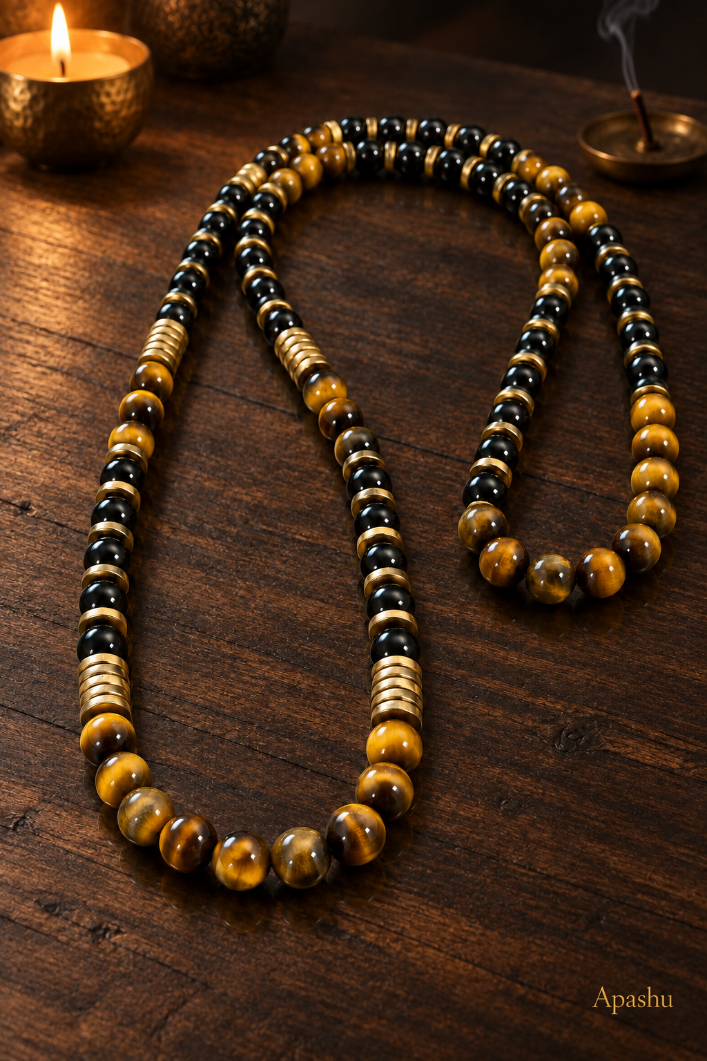 Men’s Tiger Eye & Black Onyx Beaded Necklace 26 Inch Slip On Natural Stone Gold Spacer Necklace Gift for Him