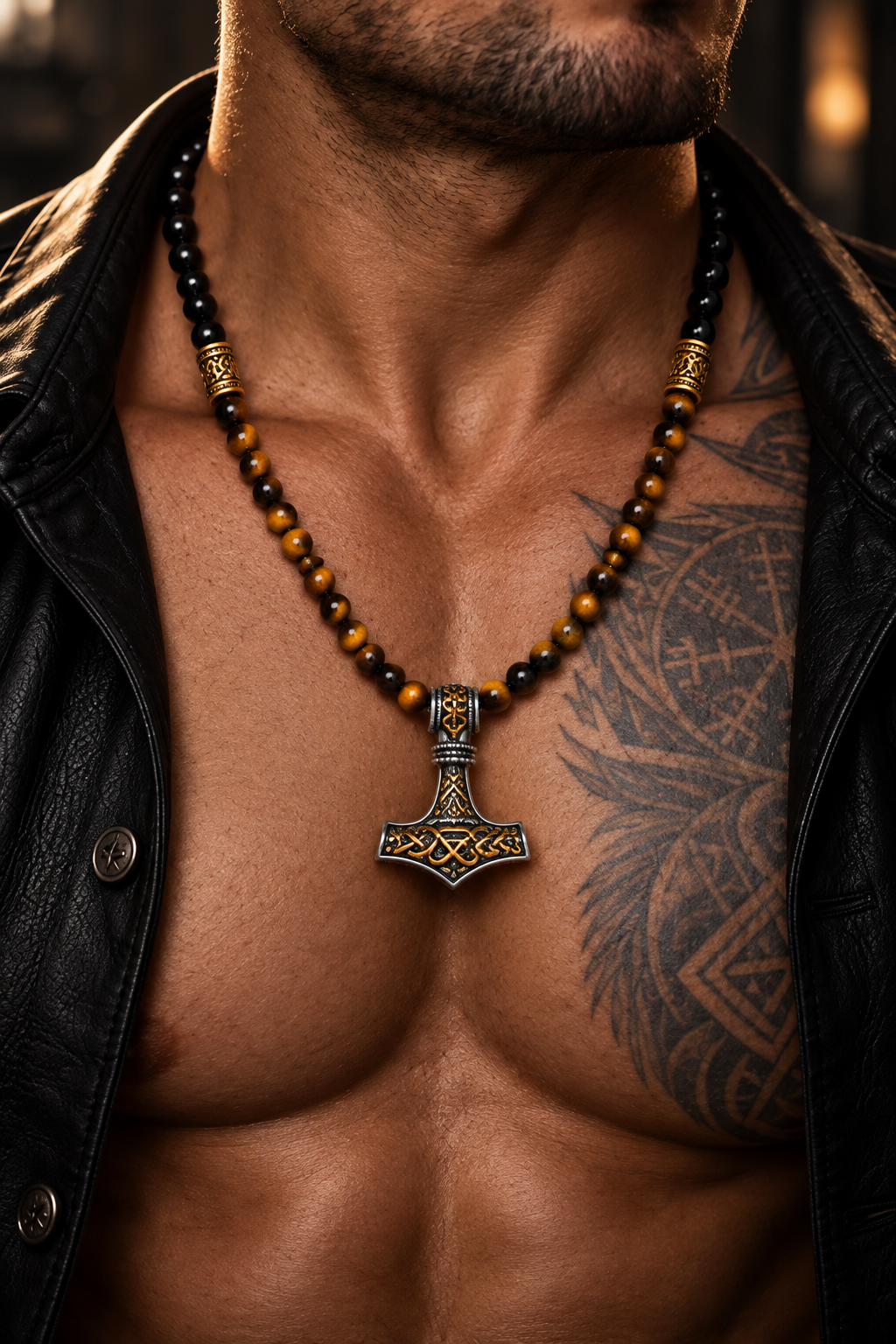 Men's Black Onyx & Tiger Eye Thor's Hammer Necklace – Viking Mjölnir Pendant | Handmade Natural Stone Jewellery