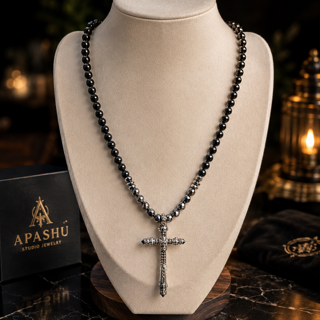 Men’s Black Onyx & Hematite Cross Necklace – 6mm Beads – Stainless Steel Cross – Custom Length
