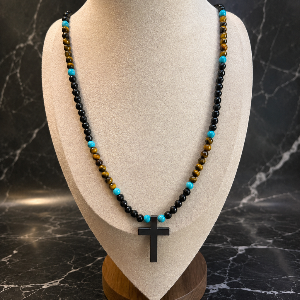 Men’s Tiger Eye, Onyx & Turquoise Cross Necklace | Handmade Natural Stone Beaded Necklace | 26 Inch