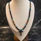 Men’s Tiger Eye, Onyx & Turquoise Cross Necklace | Handmade Natural Stone Beaded Necklace | 26 Inch