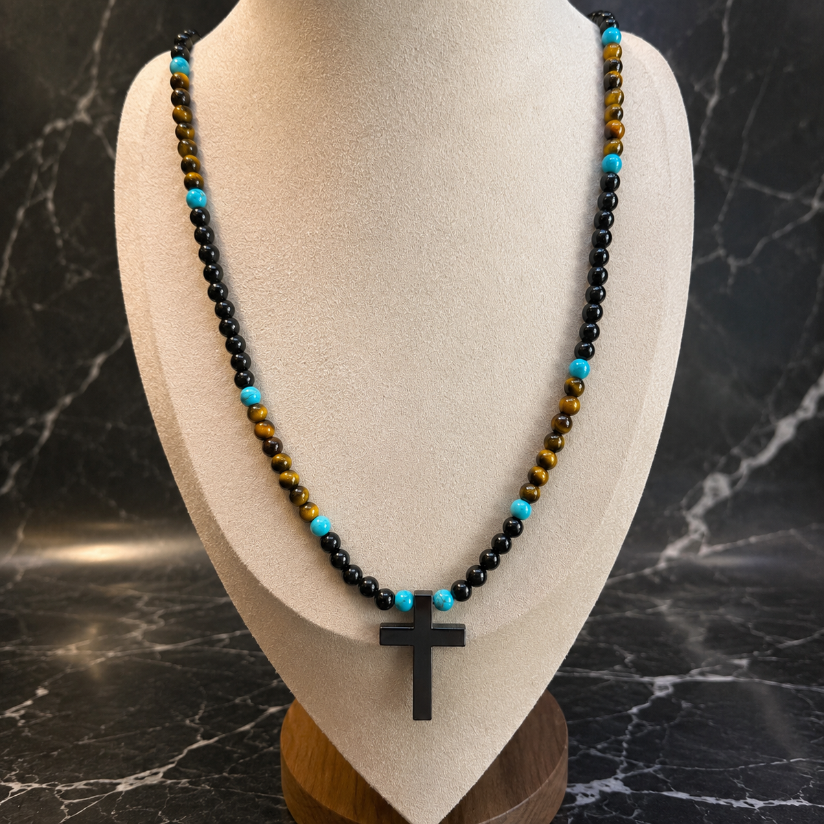 Men’s Tiger Eye, Onyx & Turquoise Cross Necklace | Handmade Natural Stone Beaded Necklace | 26 Inch