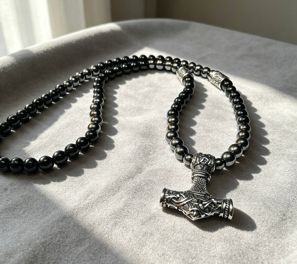 Thor Hammer Necklace – Onyx, Hematite & Stainless Steel, 26 Inch, 8mm Beads