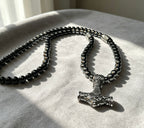 Thor Hammer Necklace – Onyx, Hematite & Stainless Steel, 26 Inch, 8mm Beads