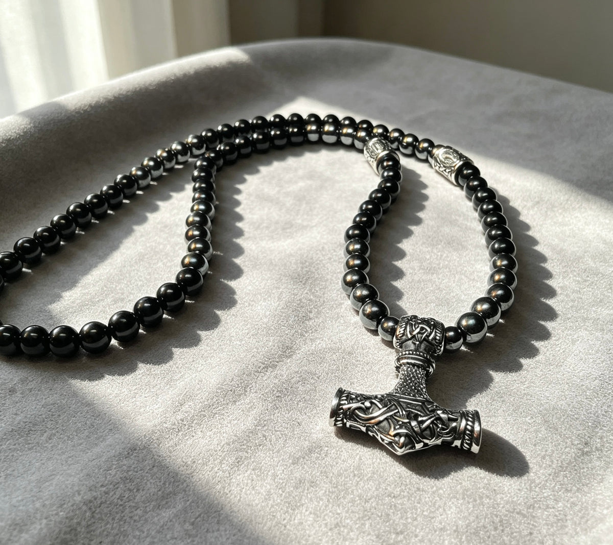 Thor Hammer Necklace – Onyx, Hematite & Stainless Steel, 26 Inch, 8mm Beads