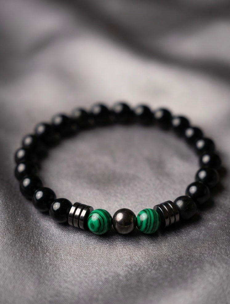 Men’s Black Stone & Green Malachite Bracelet – 19 cm