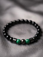 Men’s Black Stone & Green Malachite Bracelet – 19 cm