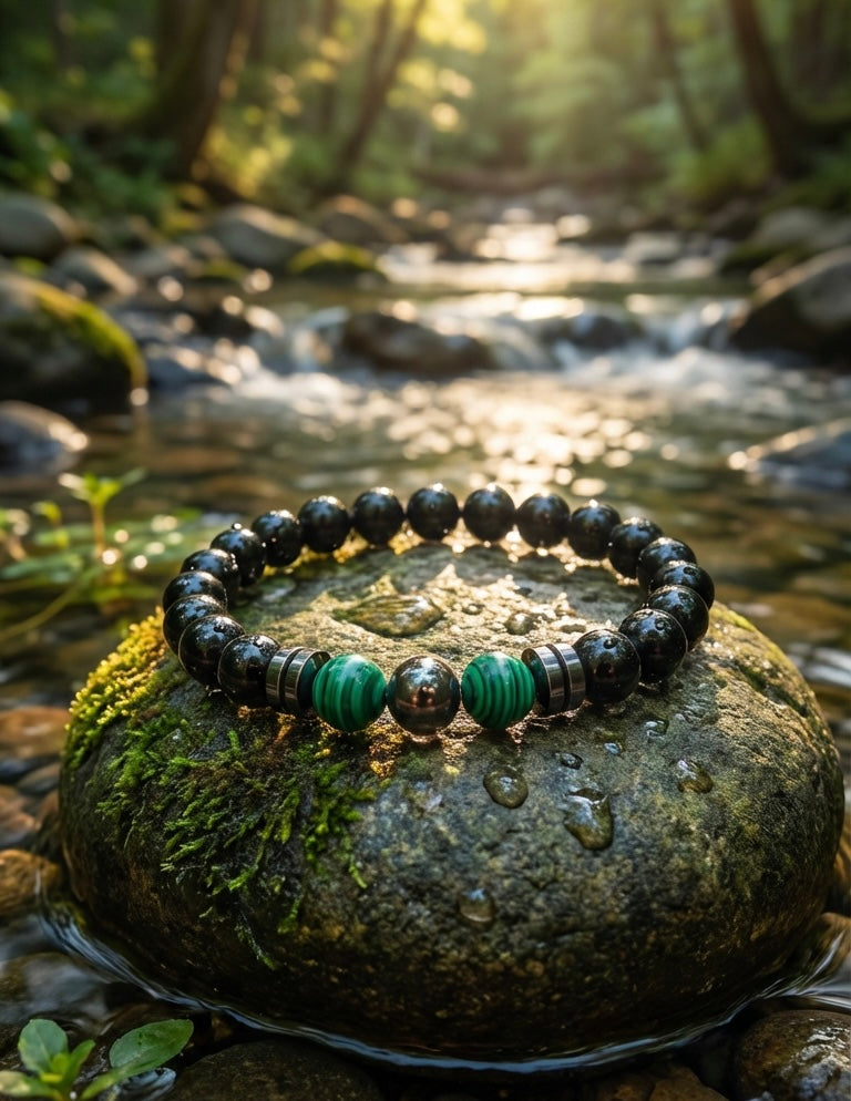 Men’s Black Stone & Green Malachite Bracelet – 19 cm
