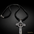 Men’s Black Onyx & Hematite Celtic Cross Necklace – 6mm Natural Stone Beads – Stainless Steel Cross – Handmade – Custom Size