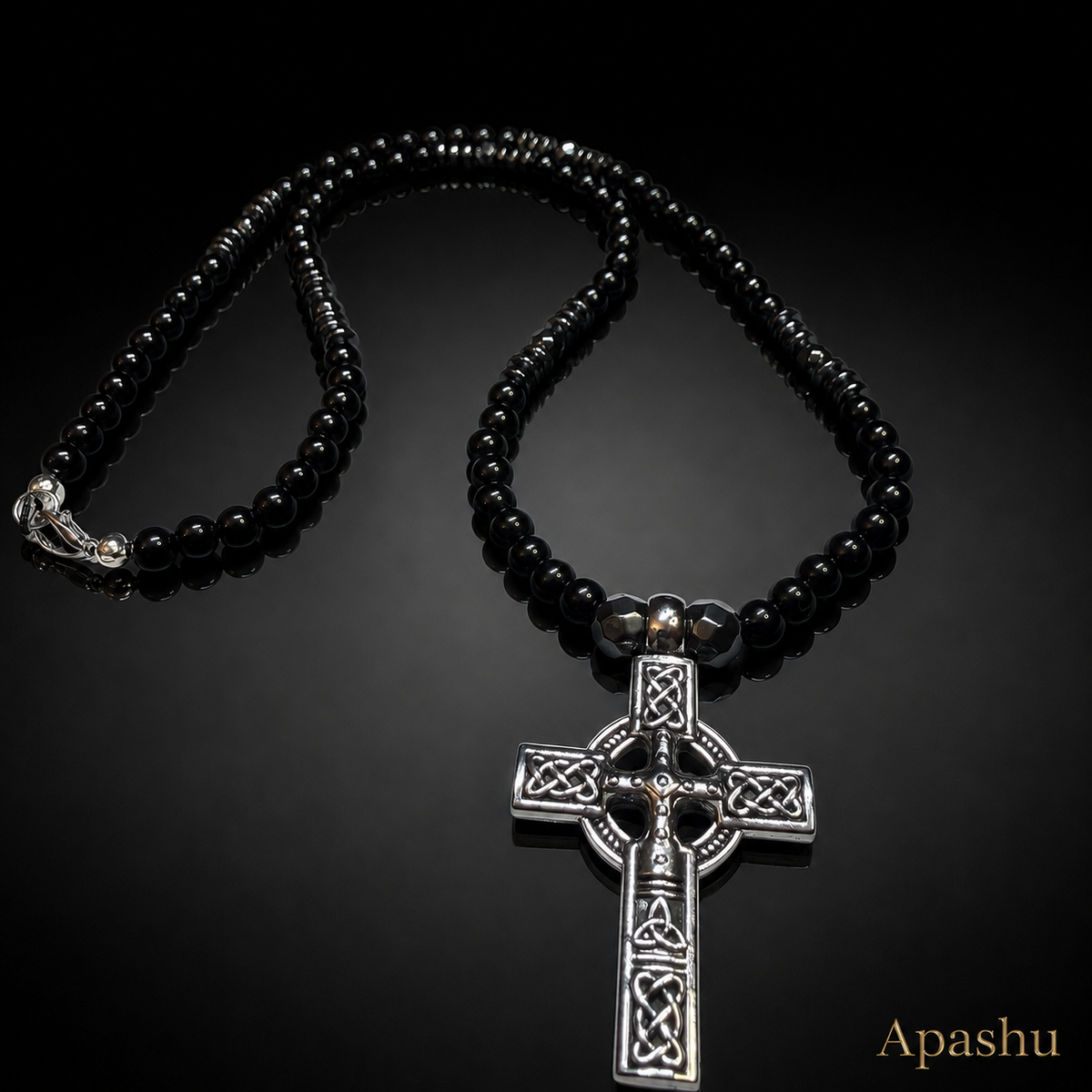 Men’s Black Onyx & Hematite Celtic Cross Necklace – 6mm Natural Stone Beads – Stainless Steel Cross – Handmade – Custom Size