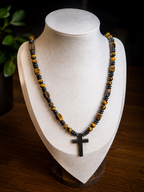 Tiger Eye Cross Necklace Mens Christian Gemstone Beaded Necklace 26 Inch
