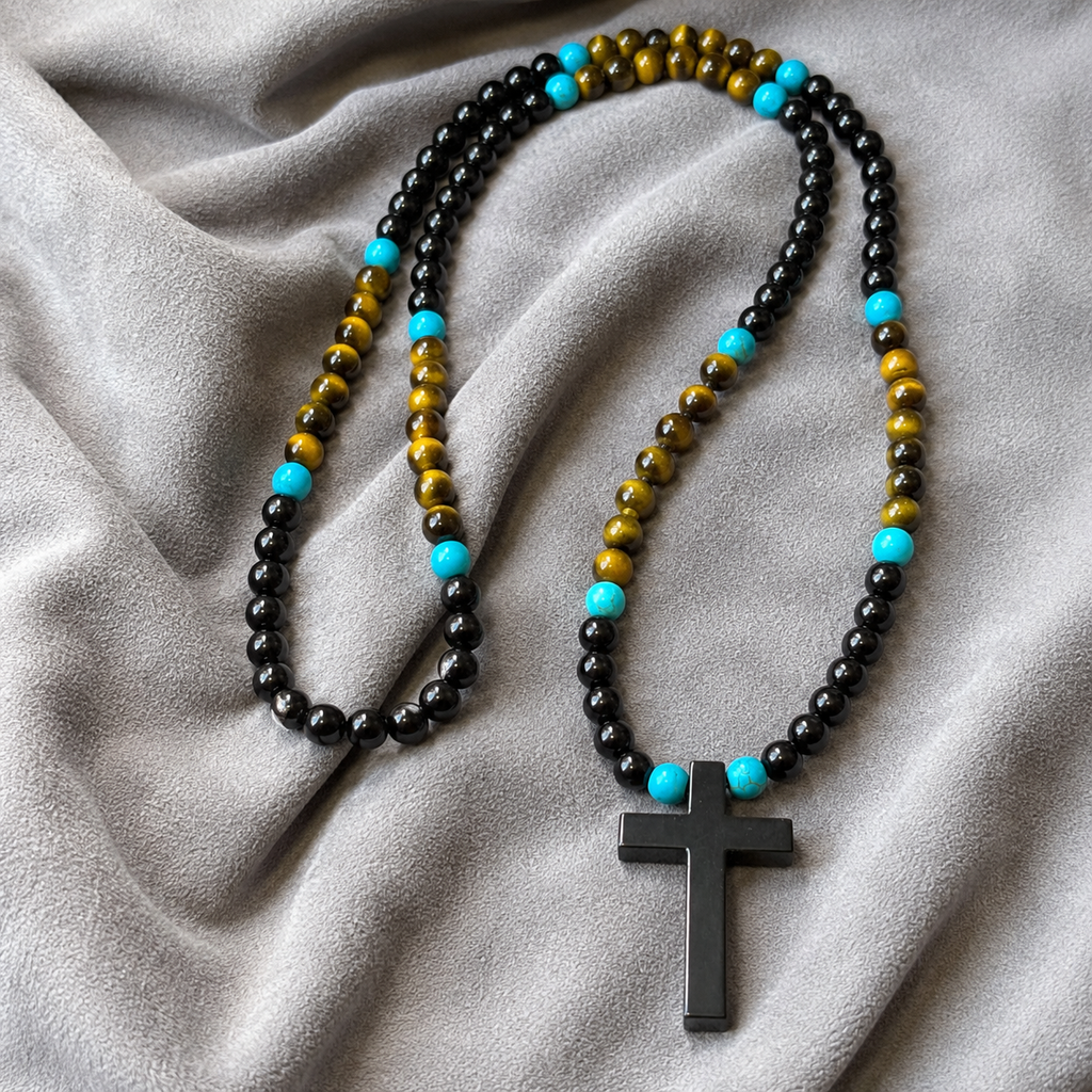 Men’s Tiger Eye, Onyx & Turquoise Cross Necklace | Handmade Natural Stone Beaded Necklace | 26 Inch