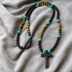 Men’s Tiger Eye, Onyx & Turquoise Cross Necklace | Handmade Natural Stone Beaded Necklace | 26 Inch