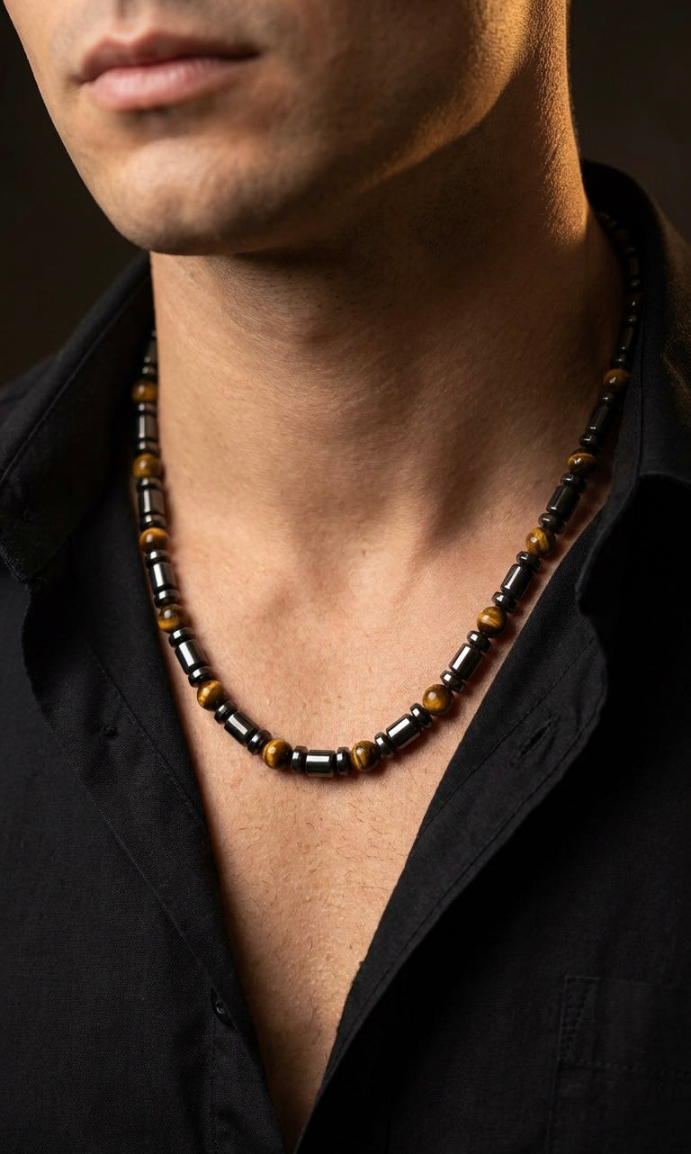 6mm Tiger Eye & Hematite Necklace – 27 Inch – Slip-On Design – Men’s Natural Stone Necklace