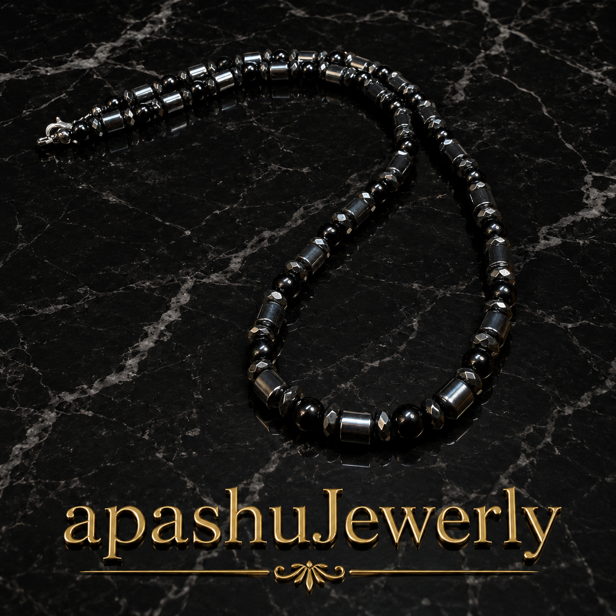 Black Onyx & Hematite Necklace –26 Inch /Any Size Available