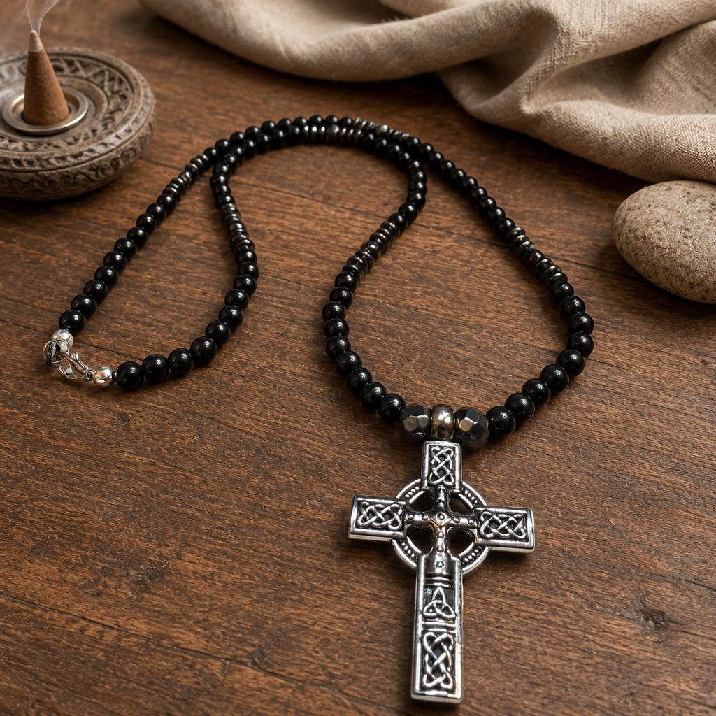 Men’s Black Onyx & Hematite Celtic Cross Necklace – 6mm Natural Stone Beads – Stainless Steel Cross – Handmade – Custom Size