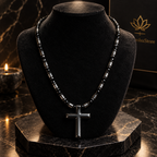 Black Onyx & Hematite Cross Necklace – 21 Inch Handmade Men’s Necklace – 6mm Natural Gemstone Beads – Christian Cross Pendant – Custom Sizes Available