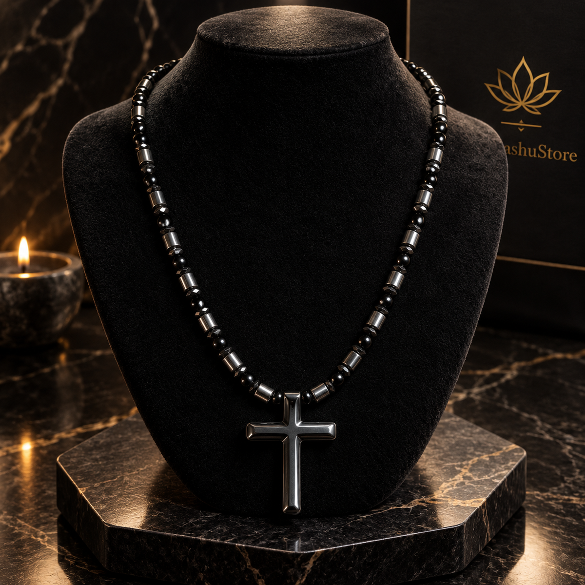 Black Onyx & Hematite Cross Necklace – 21 Inch Handmade Men’s Necklace – 6mm Natural Gemstone Beads – Christian Cross Pendant – Custom Sizes Available