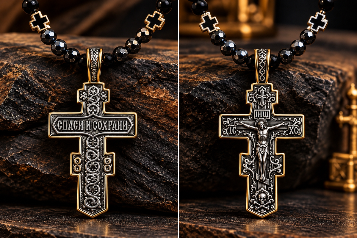 Men's Orthodox Cross Necklace – Natural Black Onyx & Hematite | Stainless Steel Crucifix | 26 Inch