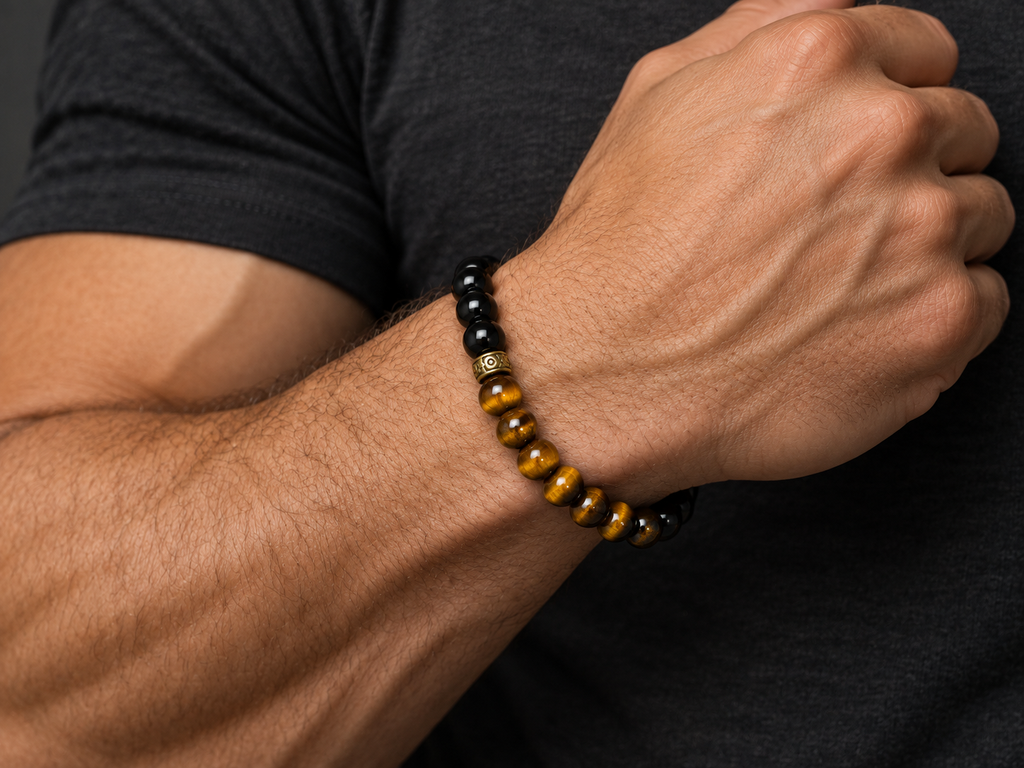 Men’s Black Onyx & Tiger Eye Bracelet – 8mm Beads, Custom Size