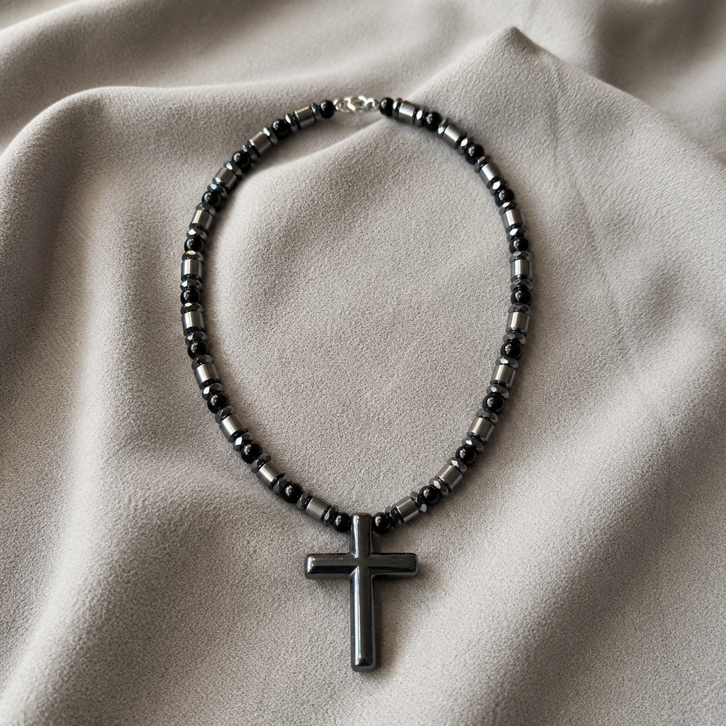 Black Onyx & Hematite Cross Necklace – 21 Inch Handmade Men’s Necklace – 6mm Natural Gemstone Beads – Christian Cross Pendant – Custom Sizes Available