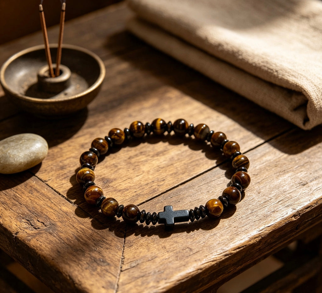 Natural Tiger Eye & Hematite Cross Bracelet – Handmade Luxury Stone Bracelet | Custom Size