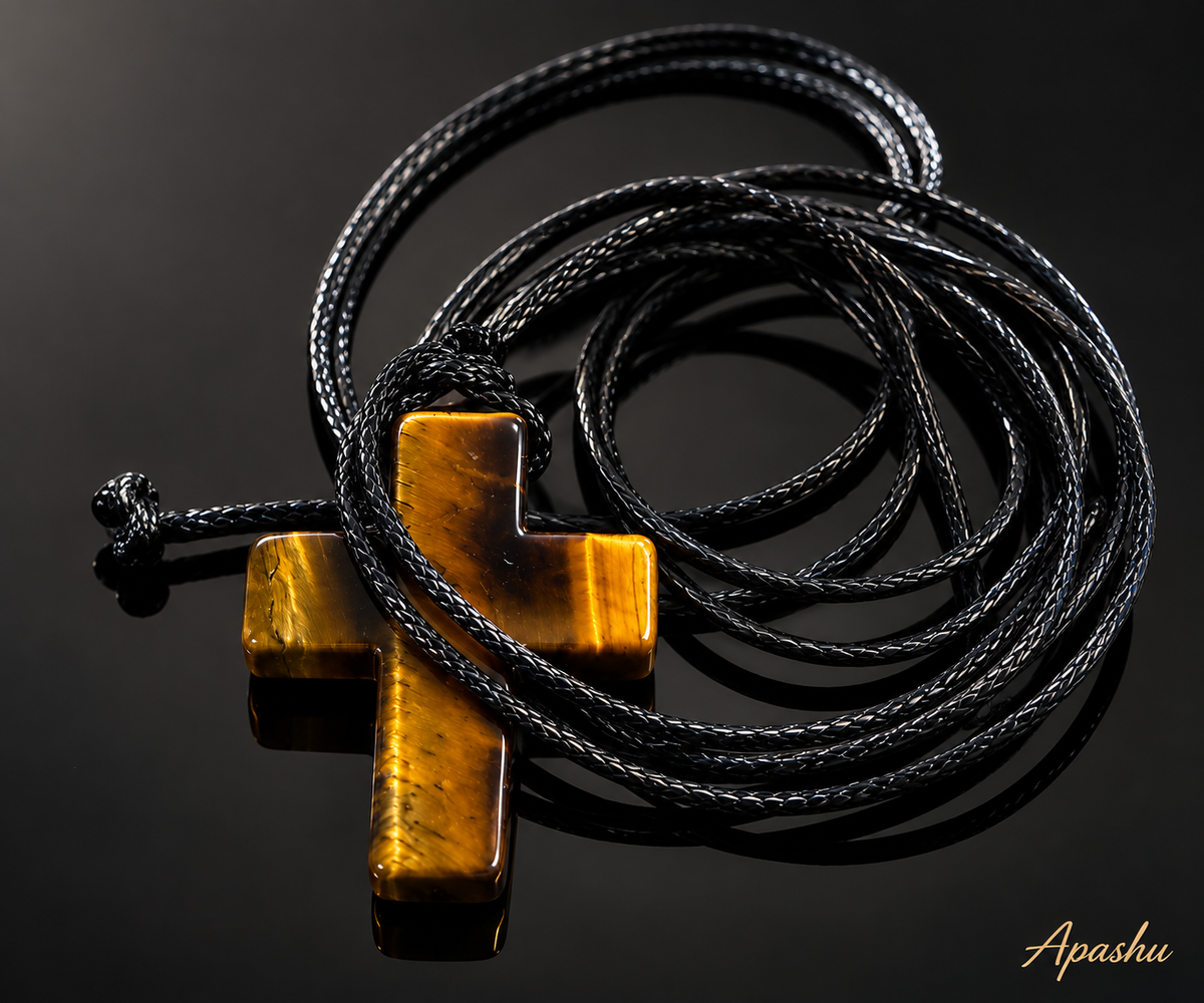 Natural Tiger Eye Cross Necklace for Men – 70cm Black Braided Cord, Christian Stone Pendant