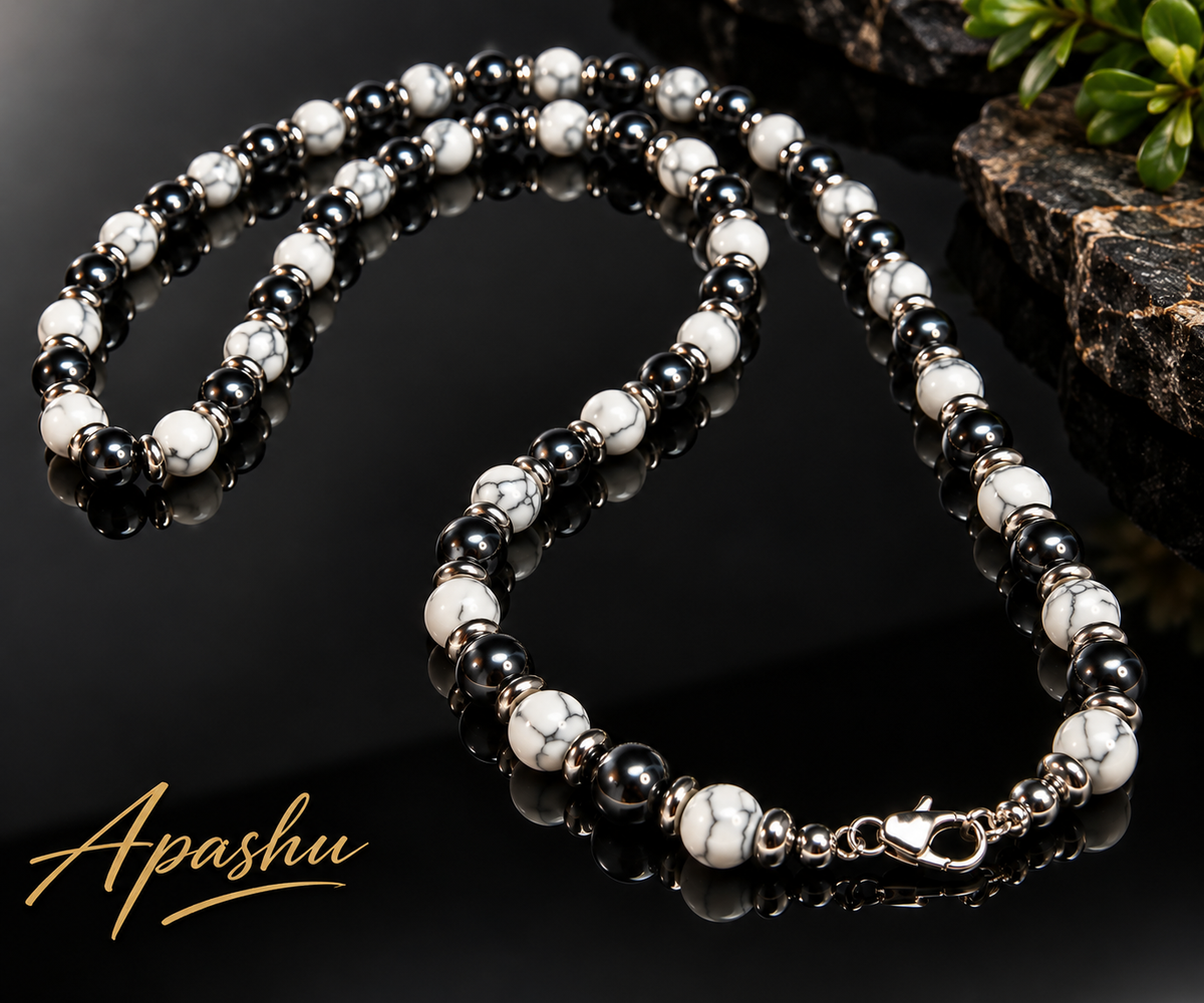 Men’s Howlite & Hematite Beaded Necklace – 8mm Natural Stone – 26 Inch