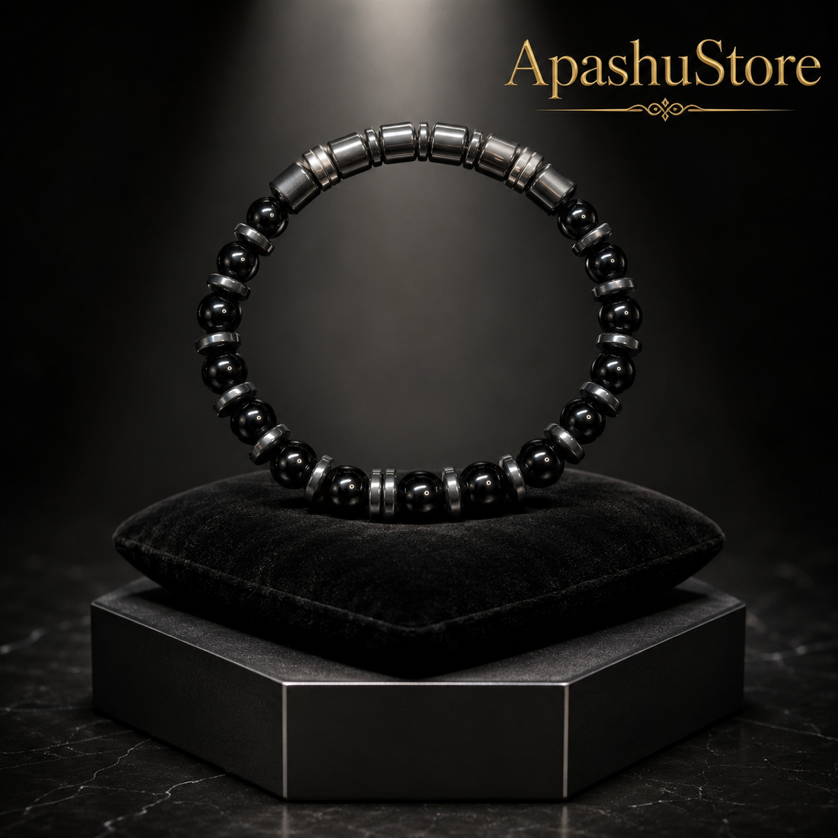 Men’s Black Onyx & Hematite Bracelet – 19 cm – Natural Stone Bracelet – Any Size Available