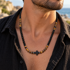 Men’s Black Onyx & Tiger Eye Cross Necklace – 22 Inch – 6mm Natural Stone Beads