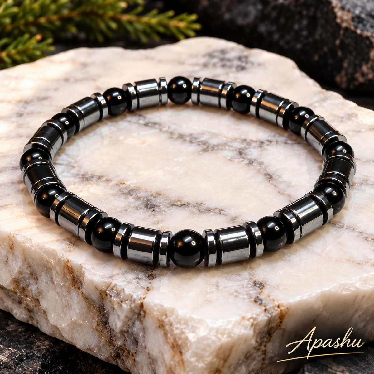 Men’s Black Onyx & Hematite Bracelet – Natural Stone Beaded Bracelet